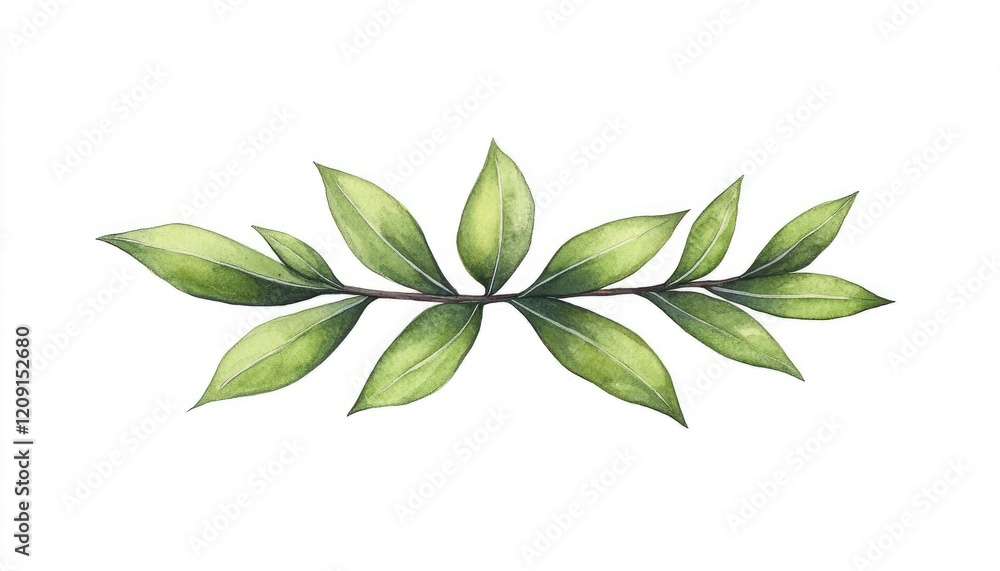 Fototapeta premium Detailed illustration of a green leaf branch with vibrant leaves against a white background, ideal for nature-themed designs