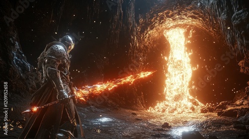 Knight, fiery sword, lava cave, fantasy game background.