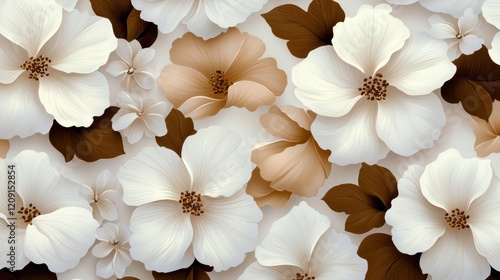 Floral Artwork: A Delicate Dance of White, Brown, and Beige Flowers and Leaves