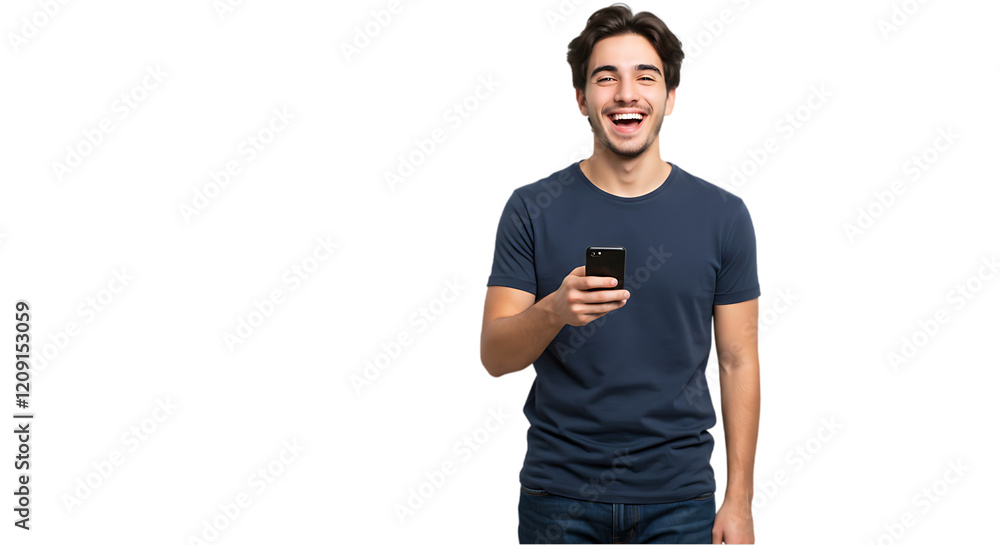 Happy Young Man Using Smartphone on transparent white background, clipping path Happy Young Man Using Smartphone on transparent white background, clipping path