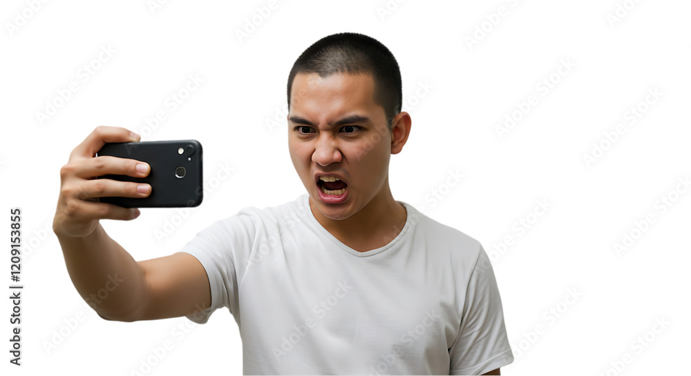 Angry Man Taking Selfie with Smartphone on transparent white background, clipping path Angry Man Taking Selfie with Smartphone on transparent white background, clipping path