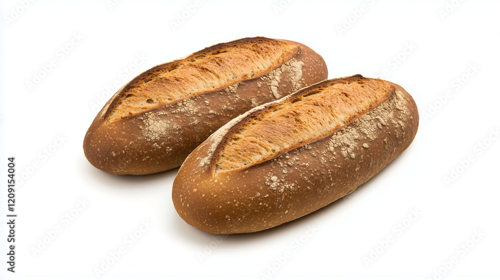 Two Crusty Loaves: Two rustic loaves of sourdough bread, golden brown and crusty, sit side-by-side, showcasing their artisanal texture and inviting aroma. Two Crusty Loaves: Two rustic loaves of sourdough bread, golden brown and crusty, sit side-by-side, showcasing their artisanal texture and inviting aroma.