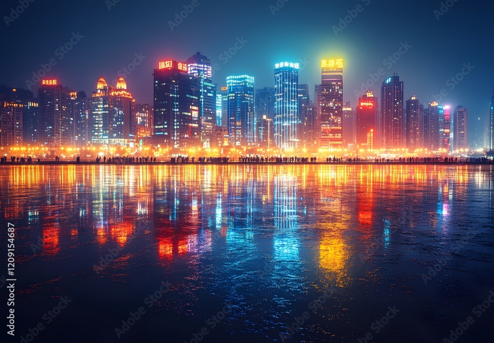 Fototapeta premium Night City Skyline Reflected In Still Water