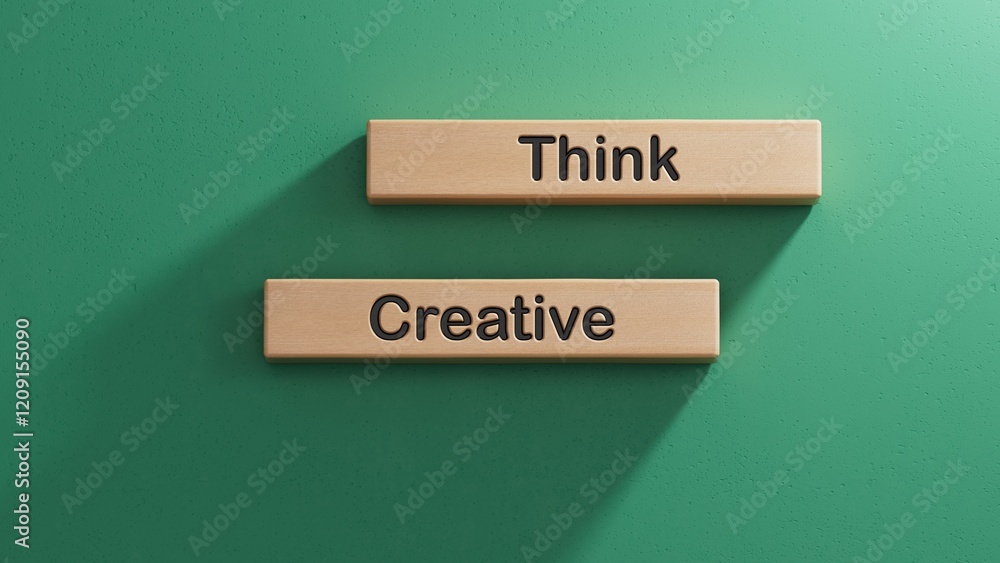 Think Creative sign on Wooden blocks. Wooden cube blocks. Copy space.3D rendering on green background. Think Creative sign on Wooden blocks. Wooden cube blocks. Copy space.3D rendering on green background.