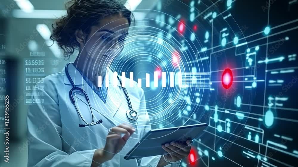Digital Healthcare: A female doctor uses a tablet computer, reviewing data projected as a futuristic holographic interface. This image portrays innovation and technology in medicine. 