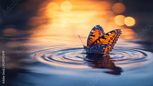 A vibrant butterfly wing fragment resting on a pristine lake surface, circular ripples gently distorting the waterâ€™s reflection of a dramatic sunset sky, infused with glowing orange and pink hues photo