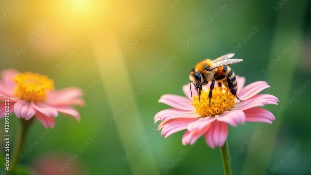 A honeybee diligently collects nectar from a vibrant pink flower, bathed in the warm glow of sunlight, creating a serene and idyllic scene in a lush garden A honeybee diligently collects nectar from a vibrant pink flower, bathed in the warm glow of sunlight, creating a serene and idyllic scene in a lush garden