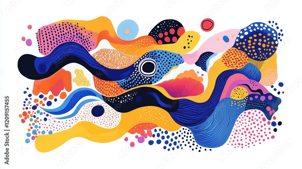 Fototapeta premium Dynamic groovy illustration with bold wavy designs hand-drawn in radiant colors.