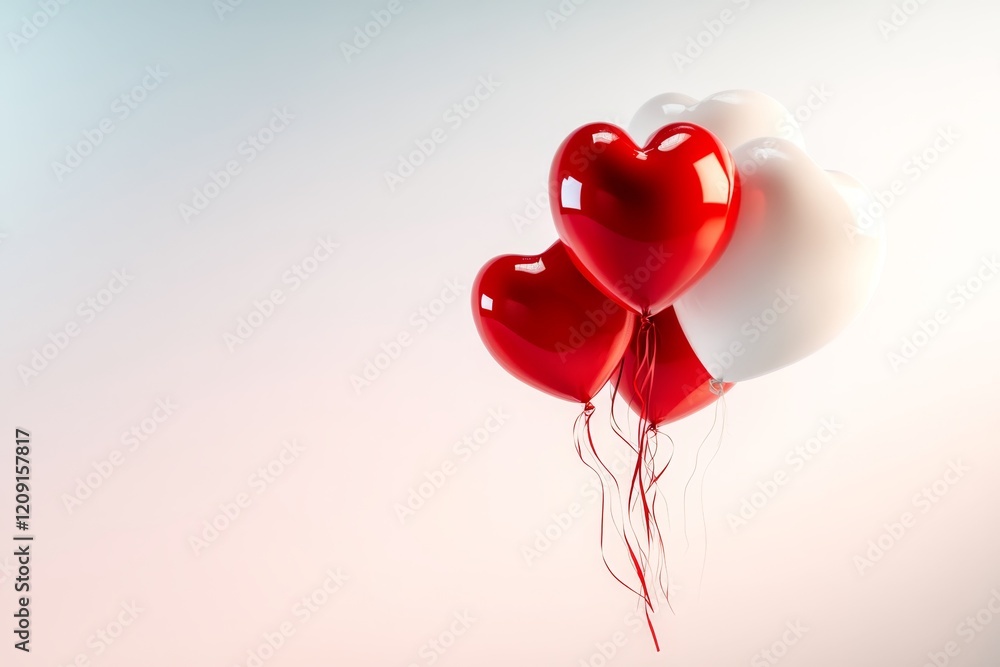 Three red heart-shaped balloons float gently against a soft white background, evoking feelings of love and joy in a serene setting Three red heart-shaped balloons float gently against a soft white background, evoking feelings of love and joy in a serene setting