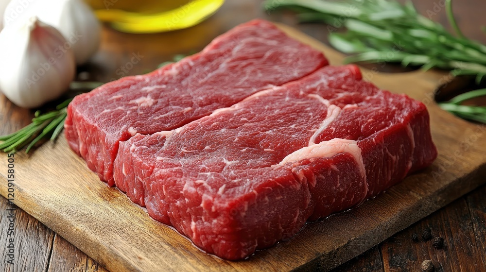 Raw beef steak and fresh ingredients for cooking on rustic background, top view, banner. Healthy food and diet concept.