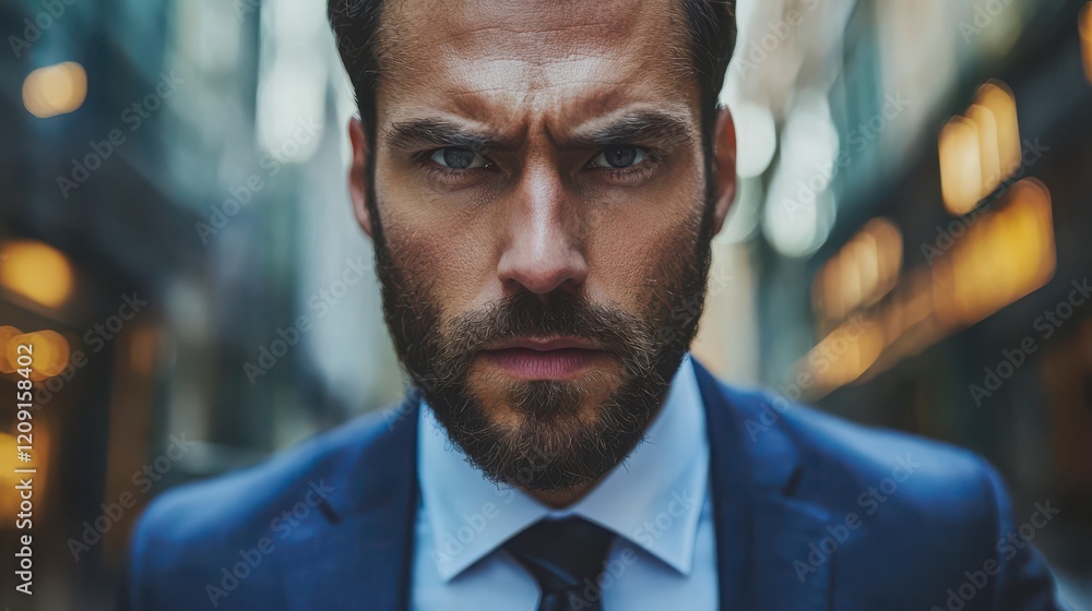 Confident Man with Beard in Business Suit Stares Intently Outdoors Confident Man with Beard in Business Suit Stares Intently Outdoors