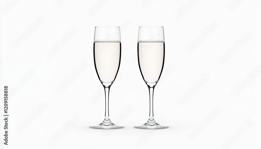 Two elegant champagne flutes filled with sparkling beverage on a minimalist white background, symbolizing celebration Two elegant champagne flutes filled with sparkling beverage on a minimalist white background, symbolizing celebration