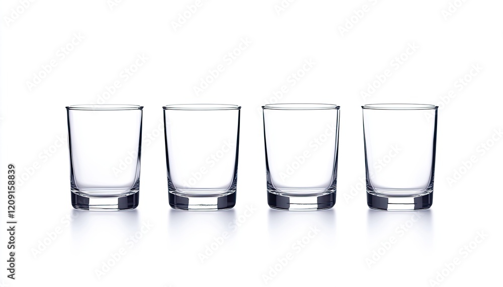 Four empty glass tumblers arranged in a row on a clean white background, ideal for beverage presentations Four empty glass tumblers arranged in a row on a clean white background, ideal for beverage presentations