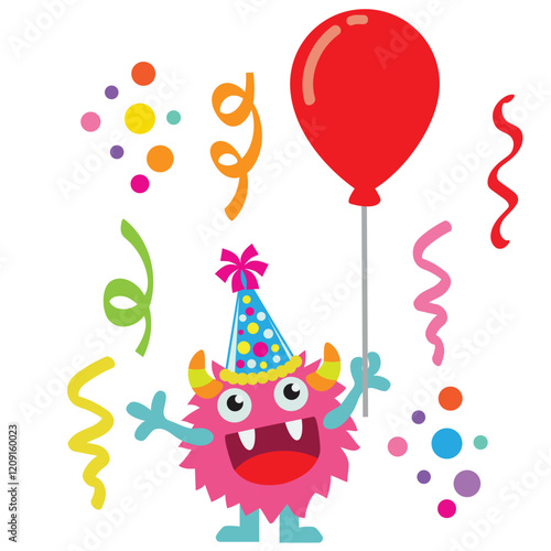 Funny birthday monster vector cartoon illustration