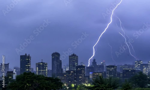 Dramatic Lightning Strike over City Skyline at Night