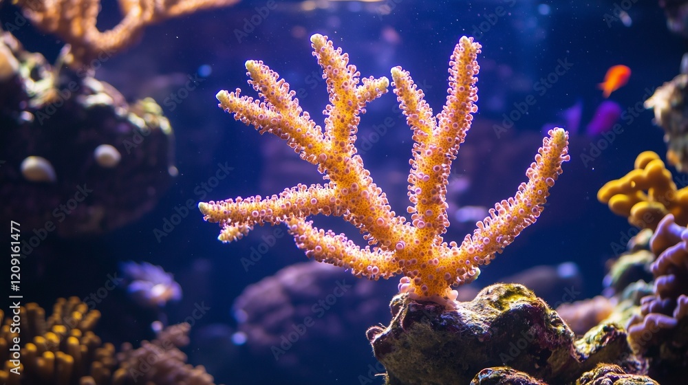Fototapeta premium Exotic underwater view of branching corals with tiny marine creatures peeking out from crevices.