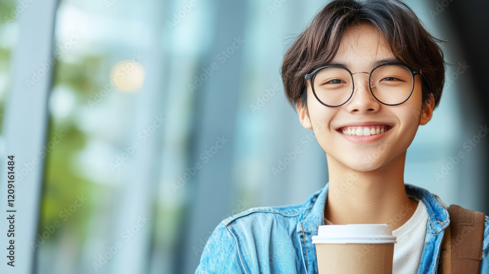 A cheerful young Asian person wearing glasses holding a takeaway coffee cup, smiling brightly. Ideal for themes of happiness, relaxation, and casual moments in daily life. A cheerful young Asian person wearing glasses holding a takeaway coffee cup, smiling brightly. Ideal for themes of happiness, relaxation, and casual moments in daily life.