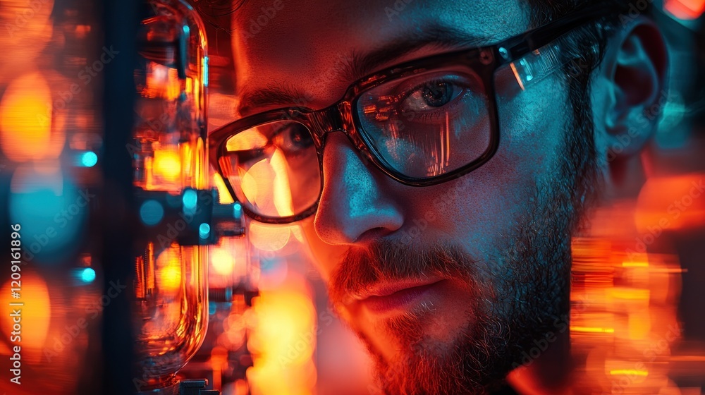 Focused Male Scientist in Glasses Working Late at Night in a Brightly Lit Laboratory Focused Male Scientist in Glasses Working Late at Night in a Brightly Lit Laboratory