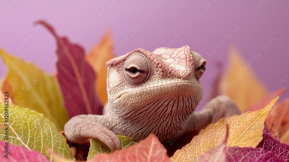 Obraz premium Lizard resting among colorful autumn leaves on a purple background.