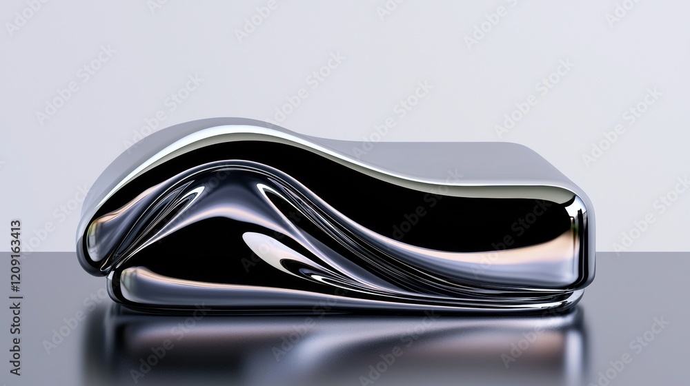 A shiny metallic sculpture with a wave-like shape. A shiny metallic sculpture with a wave-like shape.