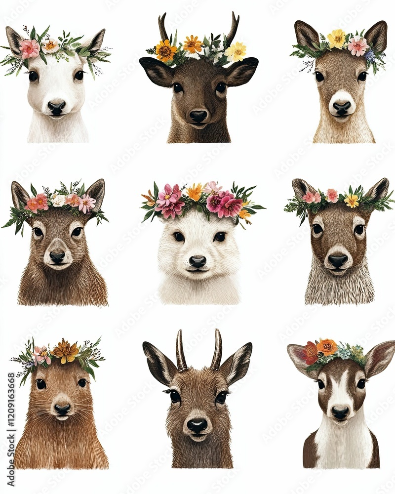 Fototapeta premium Various animals wearing flower crowns with straight faces