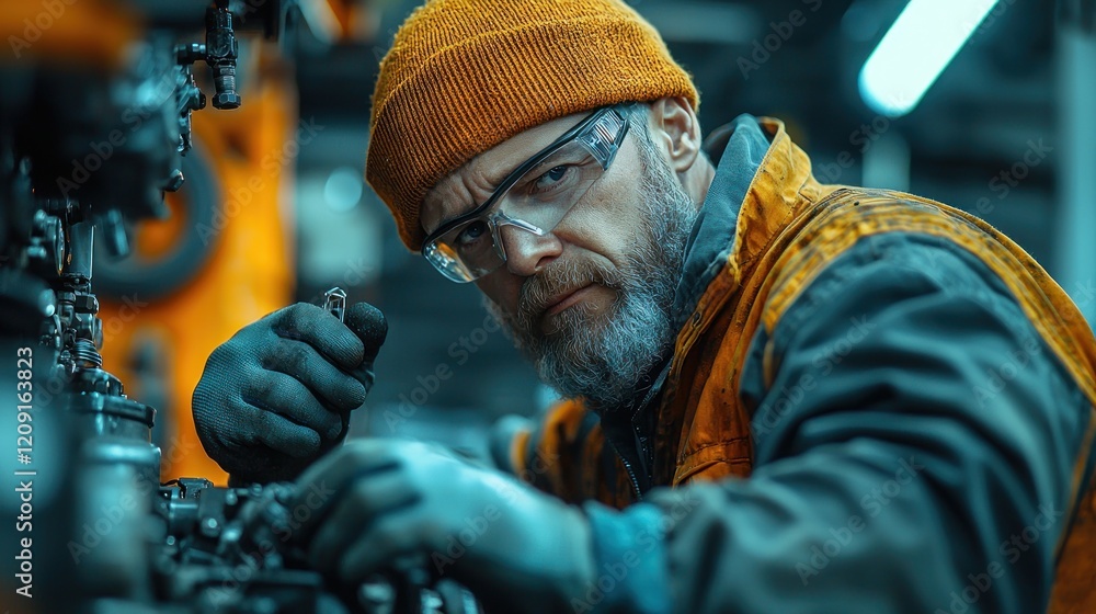 Focused Male Mechanic Working on Industrial Machinery Wearing Safety Gear Focused Male Mechanic Working on Industrial Machinery Wearing Safety Gear