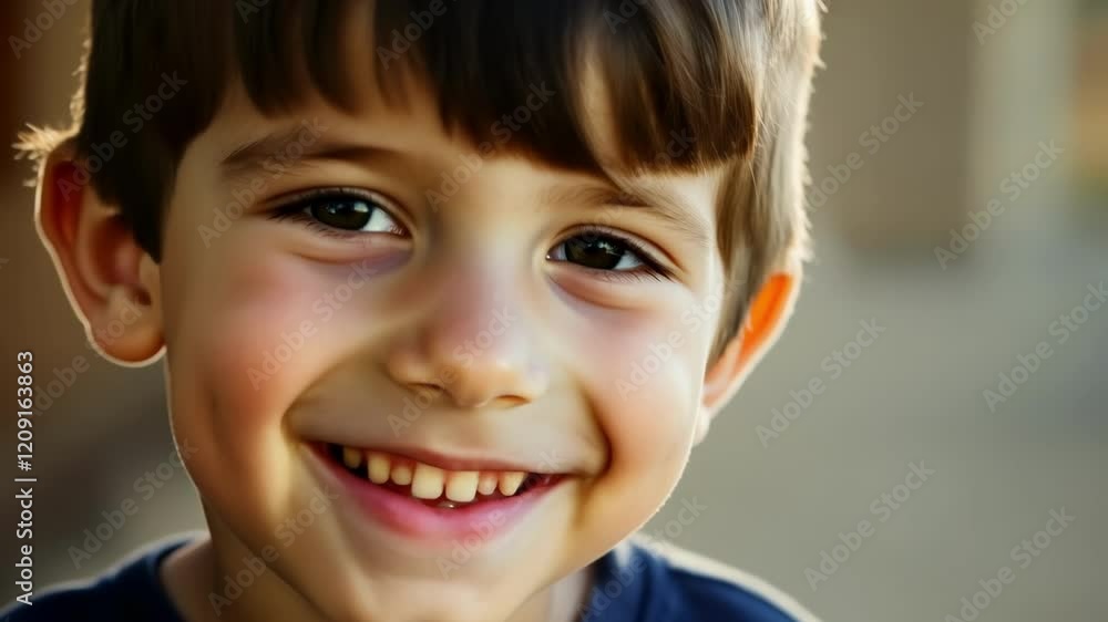A smiling young boy looks directly at the camera, radiating warmth and happiness. The soft focus background enhances the emotional connection and positivity. A smiling young boy looks directly at the camera, radiating warmth and happiness. The soft focus background enhances the emotional connection and positivity.