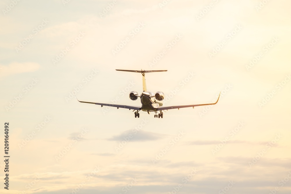 Fototapeta premium Airplane landing at sunset over a serene landscape with golden skies