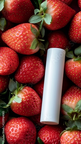 Wallpaper Mural Present a blank lip balm mock-up, with a white lipstick or chapstick design, elegantly placed atop a pile of fresh strawberries, evoking a refreshing and natural appeal for your beauty product  Torontodigital.ca