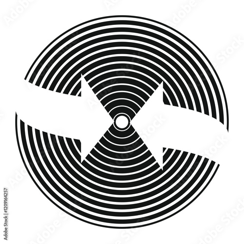 Abstract black and white design featuring concentric harmony: a circular symbol with inward arrows and a curved ribbon motif.