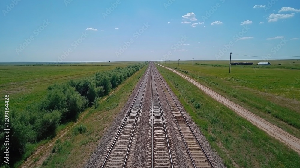 Aerial view of a straight railway track cutting through a vast, flat green field under a clear blue sky. Aerial view of a straight railway track cutting through a vast, flat green field under a clear blue sky.
