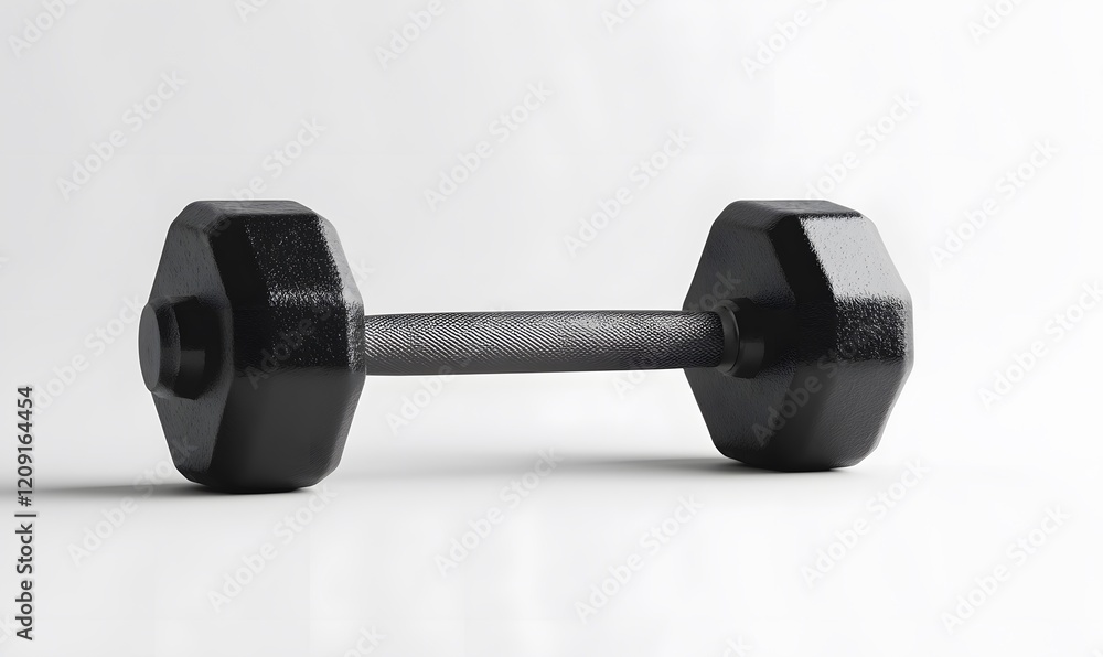 A single black hexagonal dumbbell rests on a white background A single black hexagonal dumbbell rests on a white background