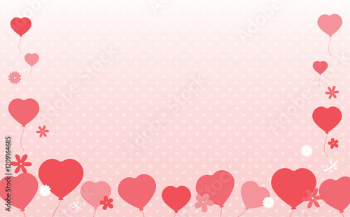 花やハートの風船が飛んだかわいいバレンタインデーの背景フレームイラスト_愛らしいバレンタイン素材