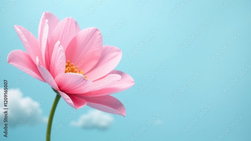A Delicate Pink Flower Blossoms Against a Serene Light Blue Sky, Soft Clouds Drifting Gently in the Background A Delicate Pink Flower Blossoms Against a Serene Light Blue Sky, Soft Clouds Drifting Gently in the Background