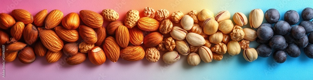 Mixed Nuts and Seeds on Pastel Background with Watercolor Spots in Bright Natural Lighting Mixed Nuts and Seeds on Pastel Background with Watercolor Spots in Bright Natural Lighting