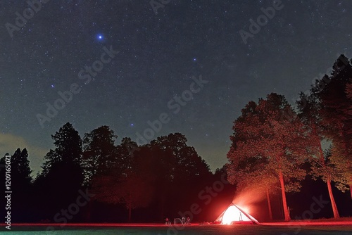 Minimalistic night camping scene with campfire under starry sky in forest setting photo