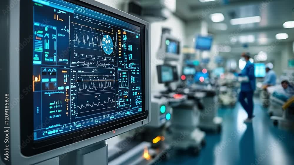 Vital Signs: A close-up view of a medical monitor displaying vital signs data.