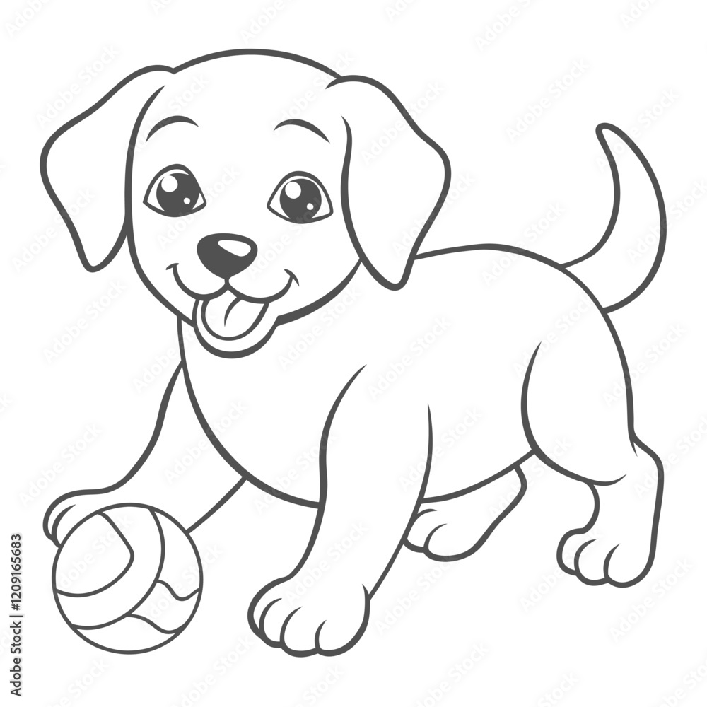 Happy Dog Playing with a Ball Coloring Page for Children Happy Dog Playing with a Ball Coloring Page for Children