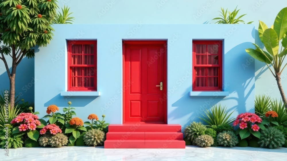 Fototapeta premium Vibrant Red Door and Steps Accentuate Light Blue House Exterior with Lush Tropical Landscaping