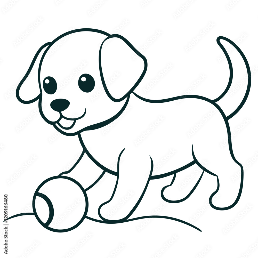 Fototapeta premium Happy Dog Playing with a Ball Coloring Page for Children