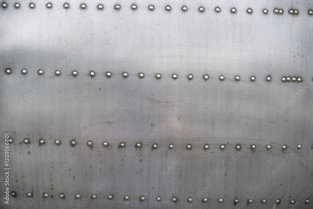 Close-up view of metallic surface showcasing rivets and texture, highlighting craftsmanship in industrial design and engineering