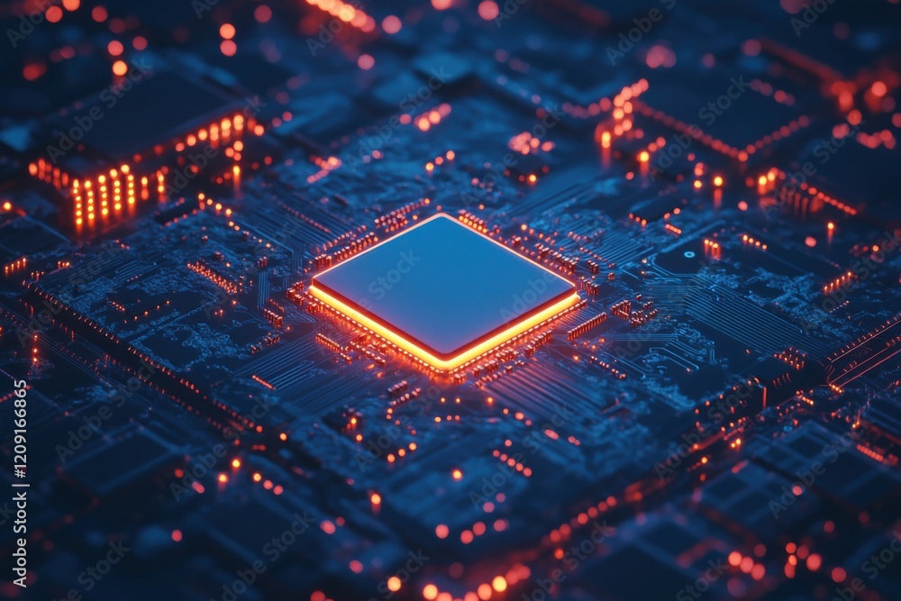 Creative glowing chip circuit hologram on a dark background. CPU and digital technology.
Creative glowing chip circuit hologram on a dark background. CPU and digital technology.