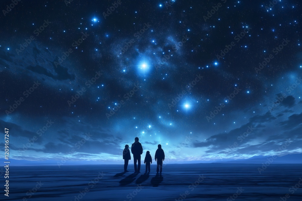 Family silhouette enjoying the vastness of a plain while gazing at a breathtaking, star filled night sky, embracing wonder and connection Family silhouette enjoying the vastness of a plain while gazing at a breathtaking, star filled night sky, embracing wonder and connection