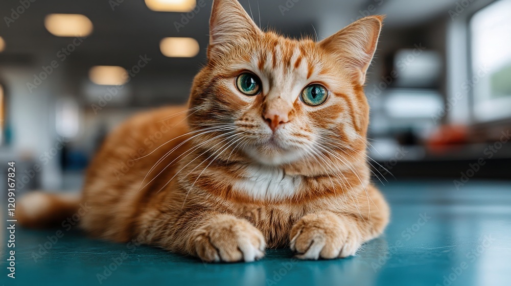 Adorable ginger cat with striking green eyes relaxing on a table in a bright and spacious environment, capturing the essence of feline curiosity and charm. Adorable ginger cat with striking green eyes relaxing on a table in a bright and spacious environment, capturing the essence of feline curiosity and charm.