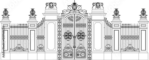 Vector sketch illustration silhouette design of classic vintage ethnic traditional iron fence gate
