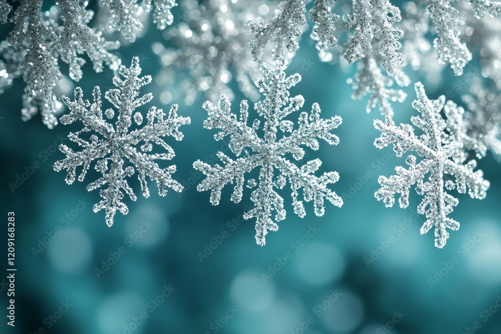 Winter wonderland captivating snowflakes hanging in icy blue background nature photography close-up view Winter wonderland captivating snowflakes hanging in icy blue background nature photography close-up view