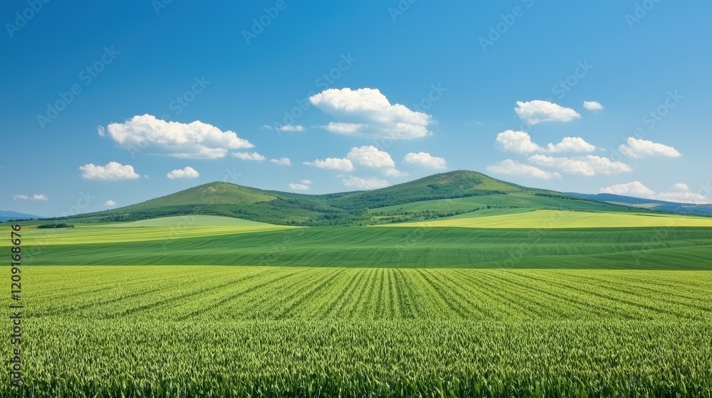 Lush green field, rolling hills, blue sky, sunny day, landscape photography Lush green field, rolling hills, blue sky, sunny day, landscape photography