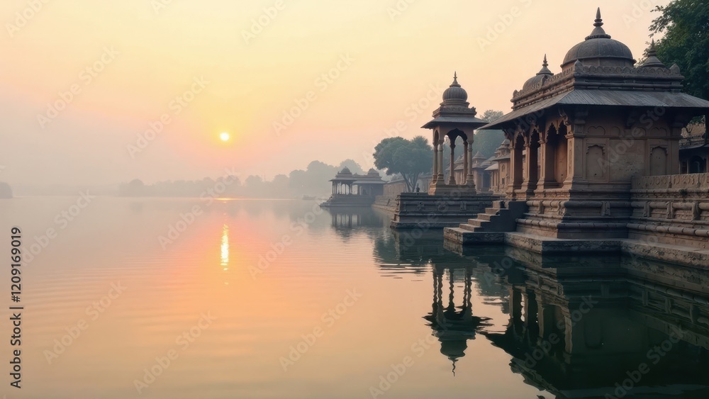 Fototapeta premium Serene sunrise over ancient stone structures reflected in calm water