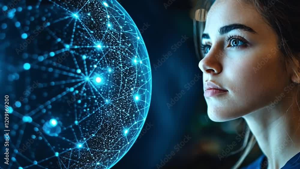 Woman Exploring Global Network: A young woman gazes intently at a ...