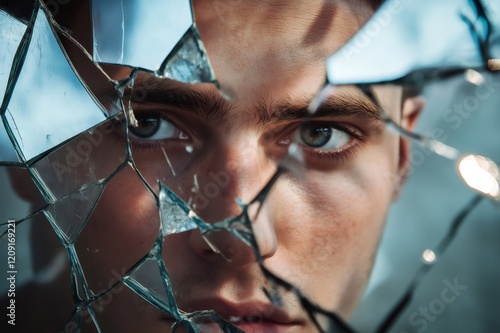 Close up of a young man with blue eyes looking through a broken mirror, creating a fragmented reflection photo